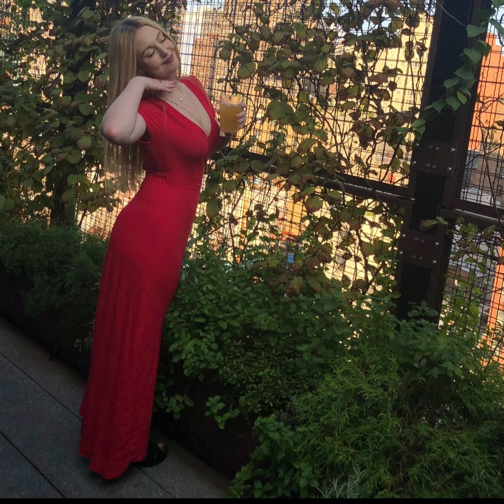 Red Maxi Tulip Skirt Deep V Wrap Dress